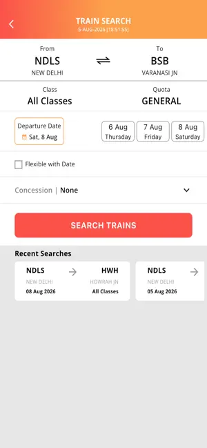 IRCTC Rail Connect official train search screenshot
