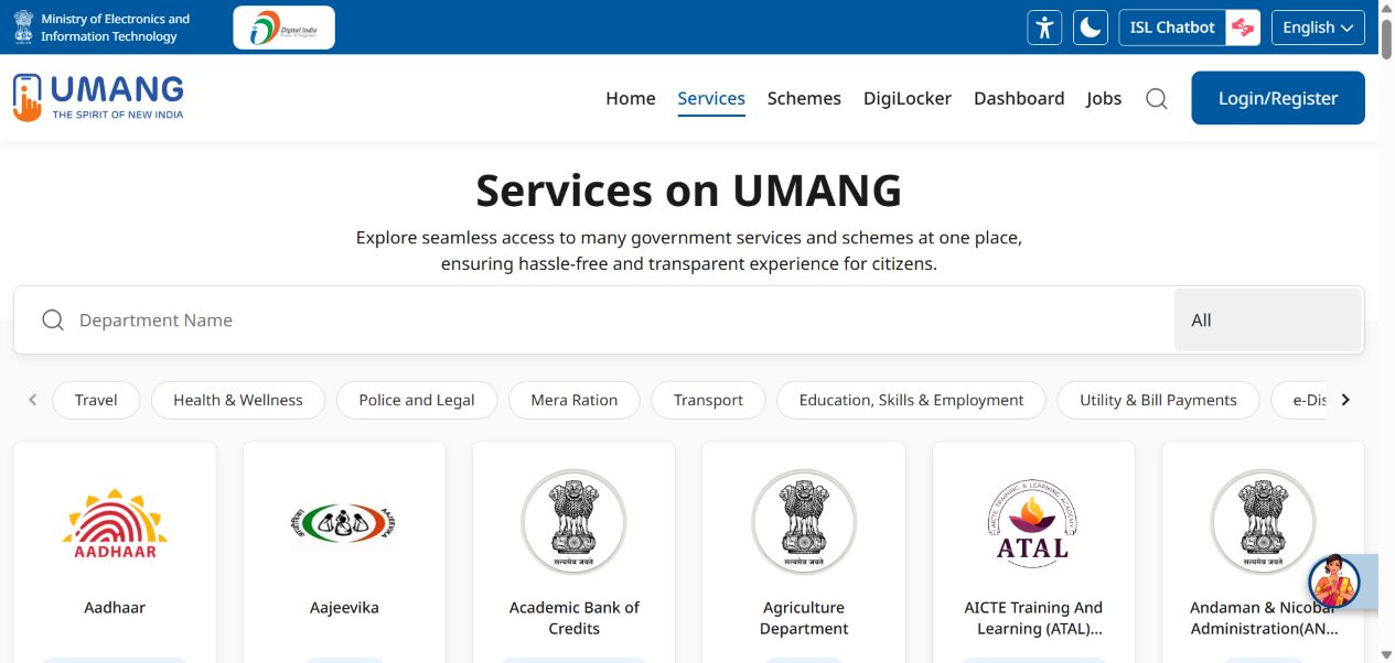 UMANG department search and service categories